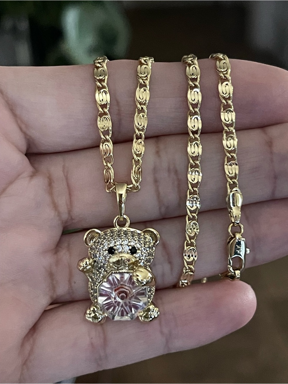 Gold-Tone Teddy Bear Pendant Necklace with Pink Crystal